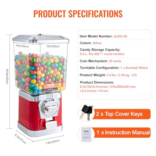 Red Gumball Machine for Kids - 17 Inch Candy Vending Dispenser with Coin Operation - Bouncy Balls & Capsule Toys