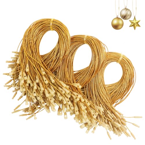 DIYASY 300Pcs Christmas Ornament String Hooks, Gold Ornaments Hangers for Christmas Tree Ribbon Hanger Strings Decorations with Snap Fastener Polyester Precut Hanging Ropes