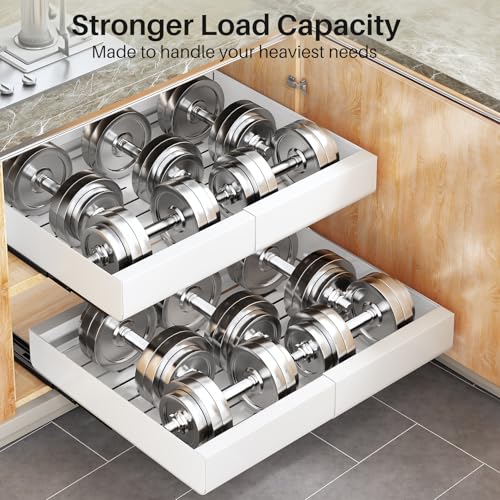 White Expandable Pull Out Cabinet Organizer 17"D×12-20"W with Heavy Duty Drawers