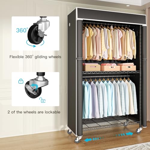 FUTASSI Black Clothing Rack with Cover and Wheels - Portable Garment Organizer