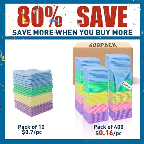 TEAWOO Microfiber Towels Bulk 400 Pack - 5 Colors, 12x12 Inches, Reusable & Soft Cleaning Cloths