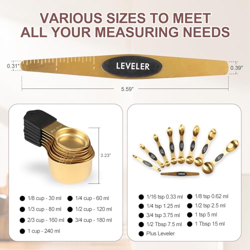 FONYA 16-Piece Magnetic Measuring Cups & Spoons Set - Gold, Stainless Steel