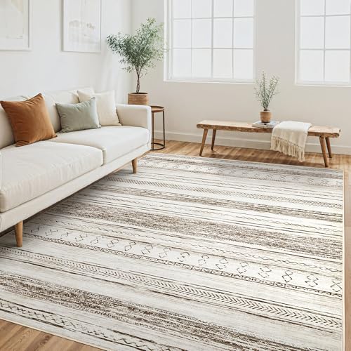 6x9 Washable Area Rug - Soft Neutral Boho Moroccan Floor Carpet for Living Room & Bedroom - Cream & Brown
