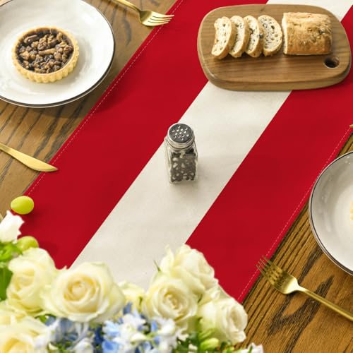 Artoid Mode Red and Beige Stripes New Year Christmas Table Runner, Seasonal Winter Kitchen Dining Table Decoration for Home Party Decor 13x72 Inch