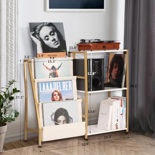 Gold and White Vinyl Record Storage Stand with Turntable Shelf and Now Playing Holder