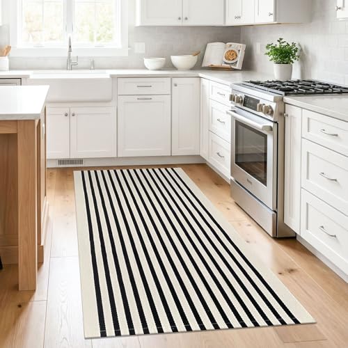 Beige Striped Indoor Washable Rug 3x5 ft Front Door Entryway Mat - Light Beige & Black Stripe