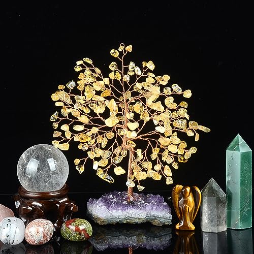 MASGEMES Citrine with Amethyst Cluster Base Crystal Bonsai Tree – 5.6-6.3 in, Feng Shui Money Tree