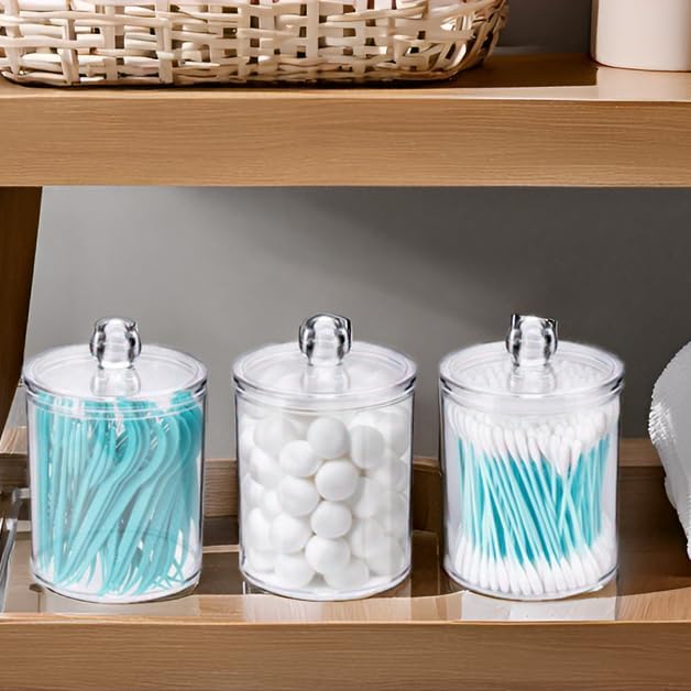 WEISHI Qtip Holder Dispenser - Clear Plastic Apothecary Jar for Cotton Balls, Swabs & Pads | 4 Pack