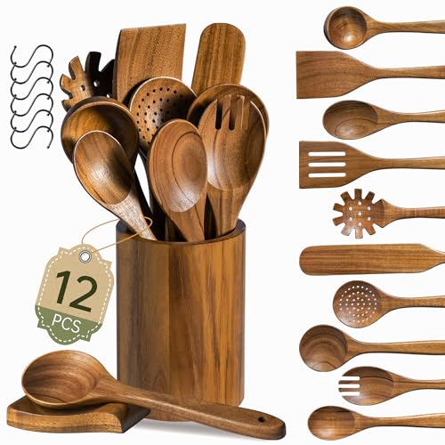 12 PCS Wooden Utensil Set with Storage Stand - Acacia Kitchen Tools for Cooking