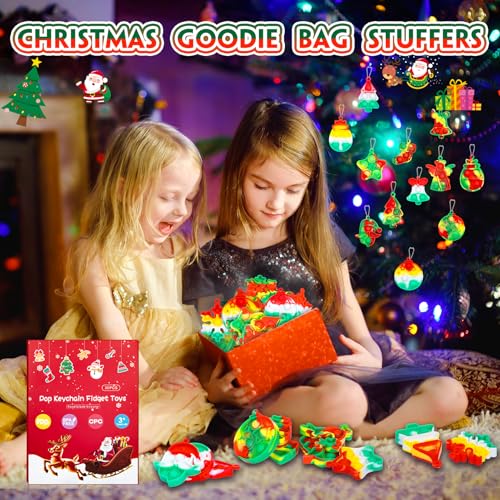 Genuvi 30PCS Christmas Pop Fidget Keychain Toys Bulk Christmas Party Favors Kids
