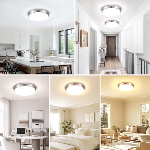 13 Inch Brushed Nickel Flush Mount Ceiling Light 2 Pack - Dimmable LED Fixture with 5 Color Temperatures