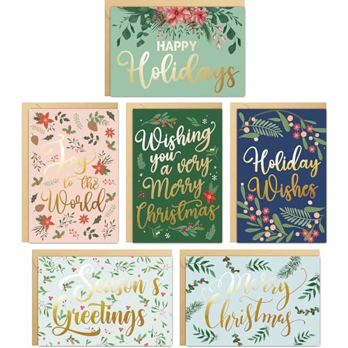 Spercy 24 Pack Gold Foil Christmas Greeting Cards with Envelopes & Stickers, Holiday Season Bulk Set, 6 Designs