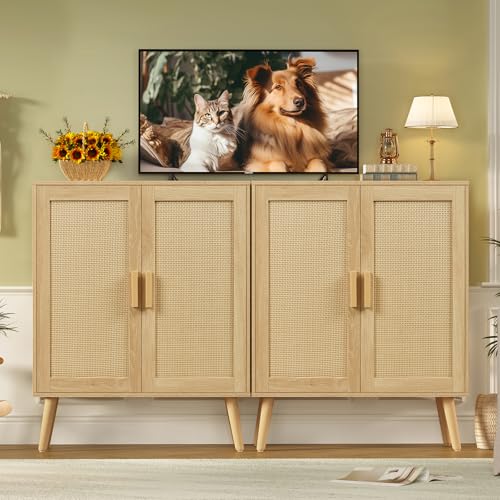 Natural Rattan Storage Cabinet with 2 Doors, Sideboard Buffet for Living & Dining Room