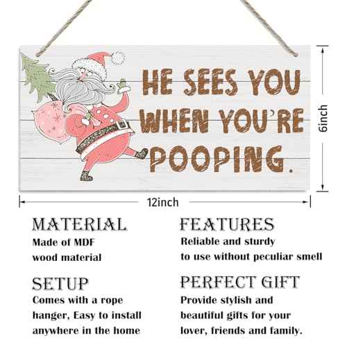 Christmas Bathroom Decor, He Sees You When You're Pooping, Funny Christmas Decor, Bathroom Wooden Sign, Farmhouse Xmas Home Wall Decoration
