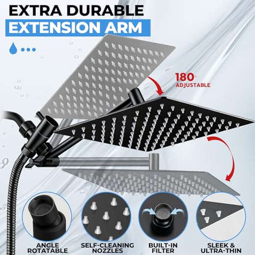 Yurnomy Black 8 Inch Multifunction Rain Shower Head with Handheld Spray & 11" Extension Arm