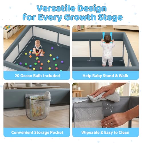 Babyvoye Grey 79x71 Inch Large Indoor & Outdoor Baby Playpen for Toddlers