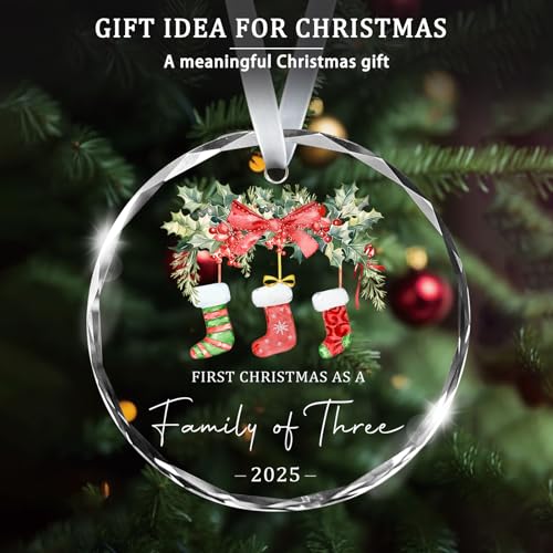 Christmas Ornaments 2025 Our First Christmas As A Family of Three Ornament Unique Crystal Baby 1st Xmas Ornaments New Parents Gifts for Couples Mom Dad Newborn Girls Boys Xmas Tree Decorations