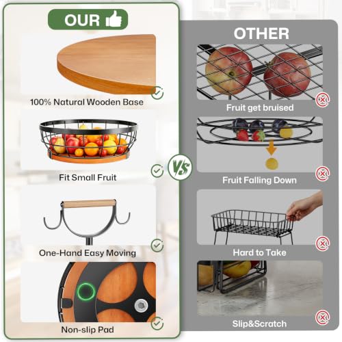 Rotating 2-Tier Fruit Basket with Wood Base and Banana Hooks - Space Saving Kitchen Organizer