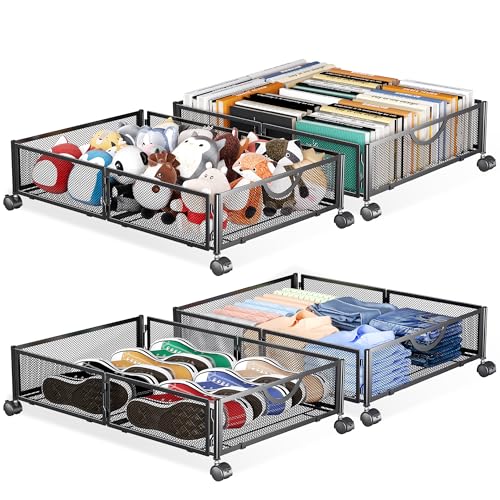 Under Bed Storage with Wheels - 4 Pack Black Shoe Organizers, Foldable & Durable
