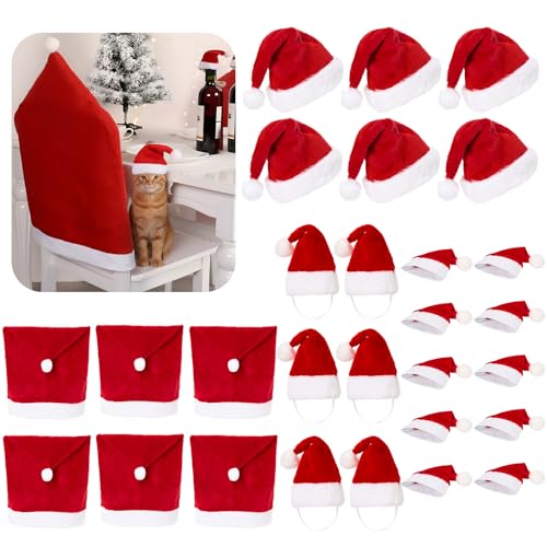 Christmas Chair Covers and Santa Hat Set for Pets & Adults - 28 Pieces