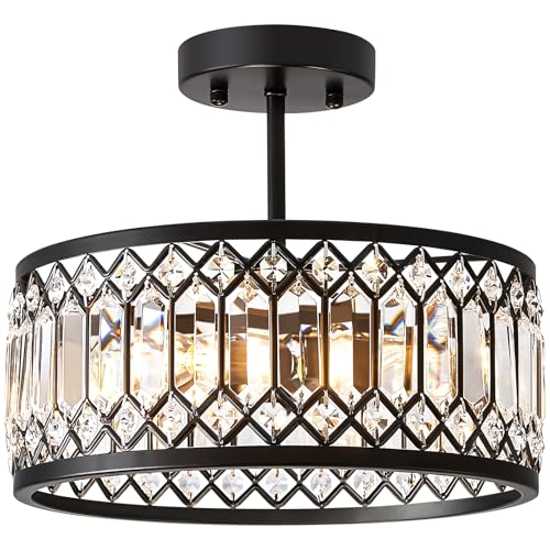 Pevfah Crystal Black Ceiling Light, 3-Light Semi Flush Light Fixture,