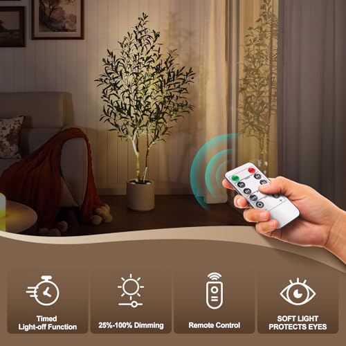 Artificial Olive Tree with LED Spotlights - 5ft Indoor Faux Plant with Rustic Wood Trunk & Remote Control