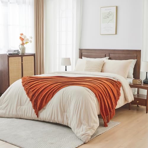 Chenille Throw Blanket 50x60 Inches - Rust Orange Fringe Accent