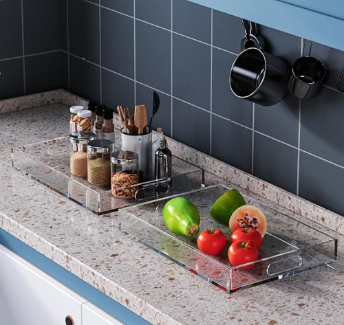 2 Pack Large Clear Acrylic Serving Trays with Handles - 16x12 Inches