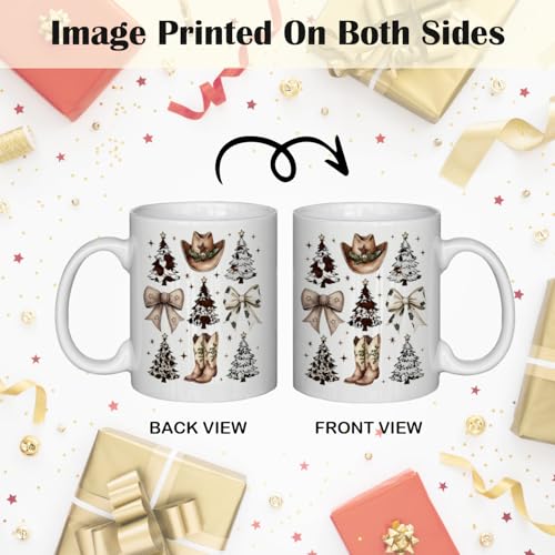 JINYO Coquette Christmas Western Mug - Cow Print Bow Christmas Tree Coffee Cup, Cowboy Hat 11 oz (Christmas Coffee Mug-j)