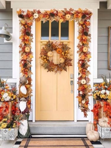 Villa Como 6FT Fall Garland with Lights, Pumpkins, Pinecones, Berries - Brown