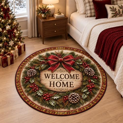 Christmas Wreath Round Rug 3.3 ft Circle Rug Xmas Entryway Carpet