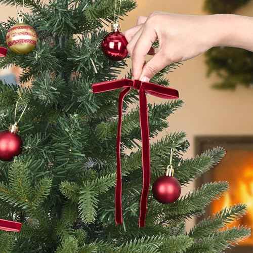Yastouay 24 Pcs Burgundy Velvet Bows for Christmas Tree, 5 x 7 Inch Christmas Tree Bows, Velvet Christmas Bows for Wreath Gifts Garland Fireplace Candlestick Party DIY Home Decor