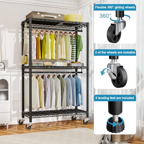 FUTASSI P3 Black Rolling Clothes Rack with Adjustable Shelves & Heavy Duty Capacity