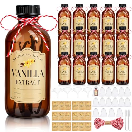 BHHQHH 16Pcs 8 oz Amber Glass Bottle Boston Round Bottles for Vanilla