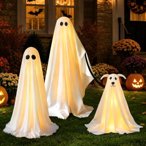 Zesua Medium Ghost 3-Pack Outdoor Halloween Decorations with Lighted Ghosts