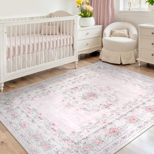 Pink Floral Bow Area Rug 5x7 for Bedroom & Nursery Washable Non-Slip Soft Carpet