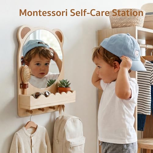Montessori Toddler Wall Mirror with Hooks & Shelf - Child Safe Nursery Mirror