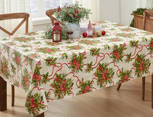 Newbridge Holly Traditions 52x52 Inch Square Vinyl Tablecloth with Flannel Backing - Christmas Decor