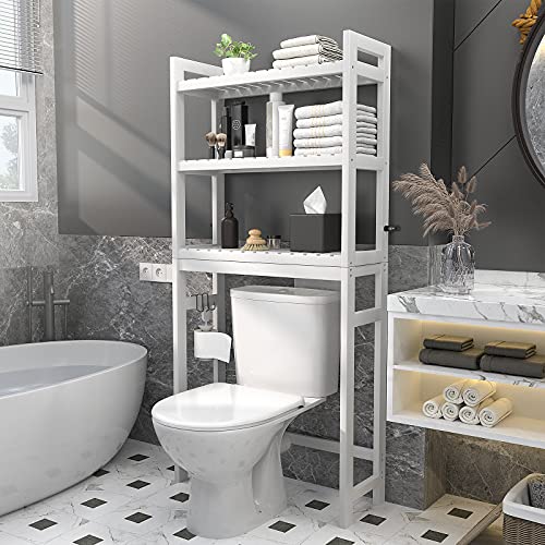 Homykic Over The Toilet Storage 3-Tier Bamboo Bathroom Shelf White 10.3"D x 24.8"W x 66.8"H
