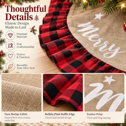 AISENO 48in Buffalo Plaid Linen Burlap Christmas Tree Skirt - Red & Black Edge