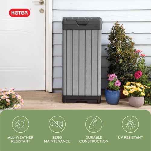 Keter Darwin Outdoor Trash Can 38 Gallon Weather-Resistant Resin Bin with Lid - Wood-Look Design
