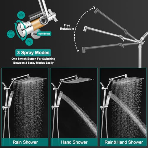 KEBAO 10-Inch All Metal Rain Shower Head & Handheld Spray Combo Chrome, Adjustable Extension Arm