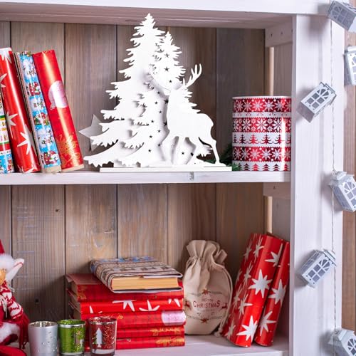 Wooden Christmas Tree and Reindeer Tabletop Decor with Lights - Rustic Holiday Home Decor