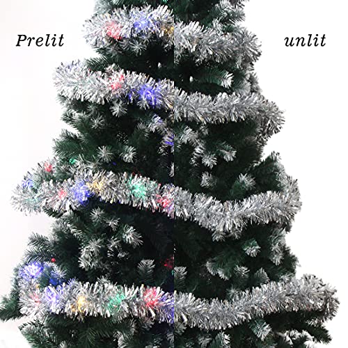 CCINEE DK217S1P1 Christmas Prelit Tinsel Garland 33ft Silver with 100 LED Lights