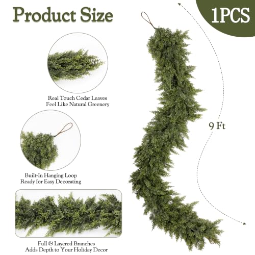 Celeora 9FT Artificial Cedar Garland Real Touch Christmas Greenery for Mantel Decor