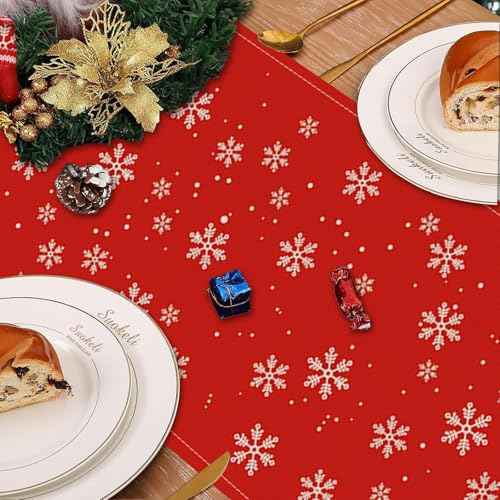 Merry Christmas Table Runner Reindeer Snowflake Red Runner Winter Xmas Home Party Kitchen Dining Table Indoor Outdoor Decorations 13x72 Inch