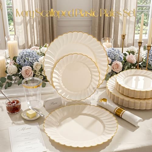Ivory Plastic Plates with Gold Rim | 175PCS Wedding & Party Set