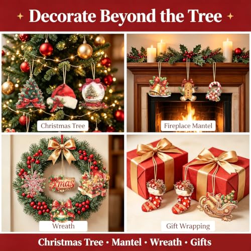 Wooden Christmas Decorations Cute Bell Santa Hat 12pc Set - Colorful-3