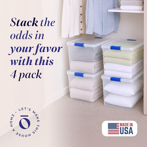 Blue Plastic Storage Bins with Locking Lids - 31 Qt, 4 Pack