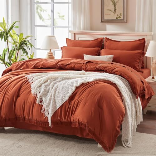 Andency California King Comforter Set - 7 Pieces Burnt Orange Bedding, Tassel Style